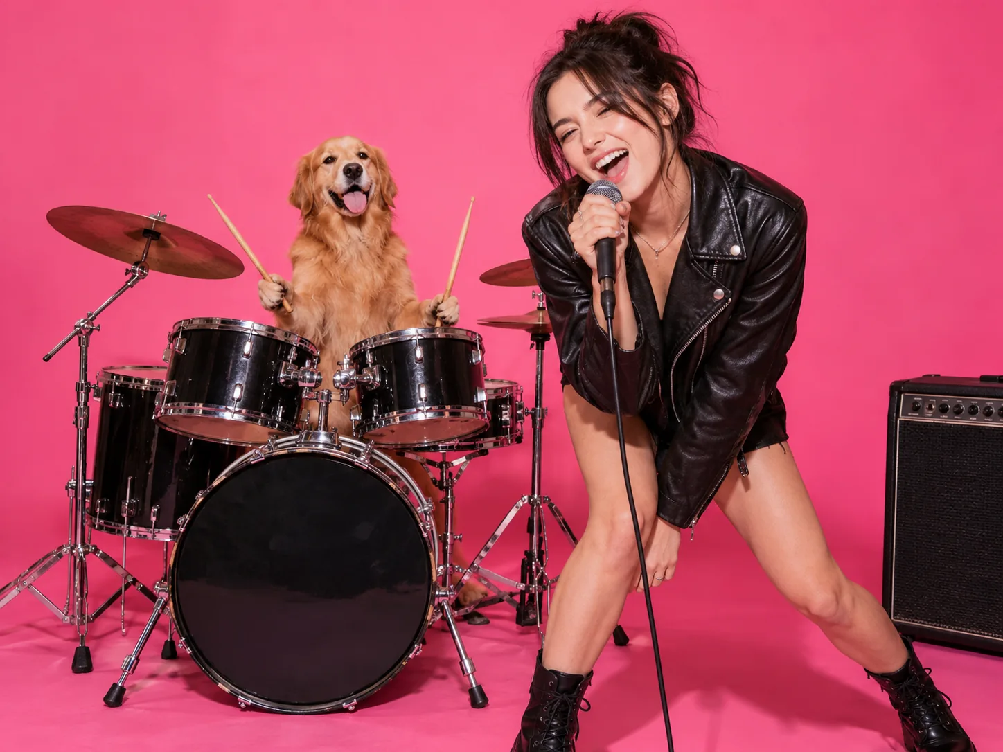 A woman sings beside a golden retriever at the drum kit in a pink studio